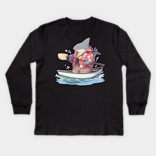 Super Cute Shark Standing in a Canoe Kids Long Sleeve T-Shirt